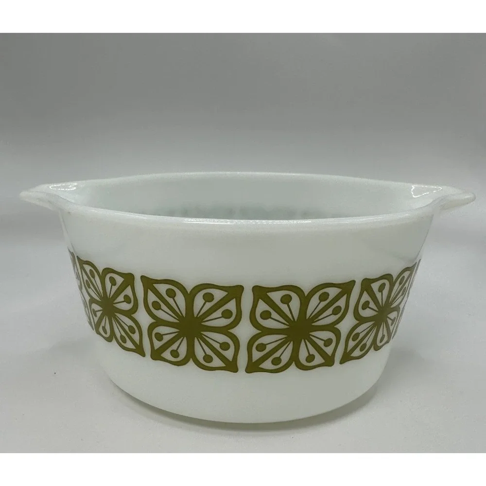 Vintage Pyrex Autumn Floral‎ Verde Squares Olive Green 1 Qt USA Ovenware